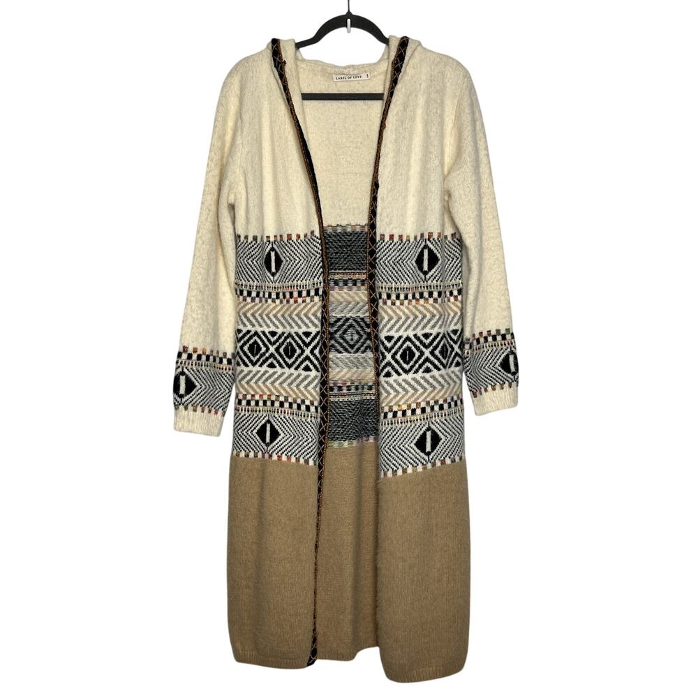 Label of Love Hooded Cardigan Duster Sweater Medium Geometric Knit Open Front